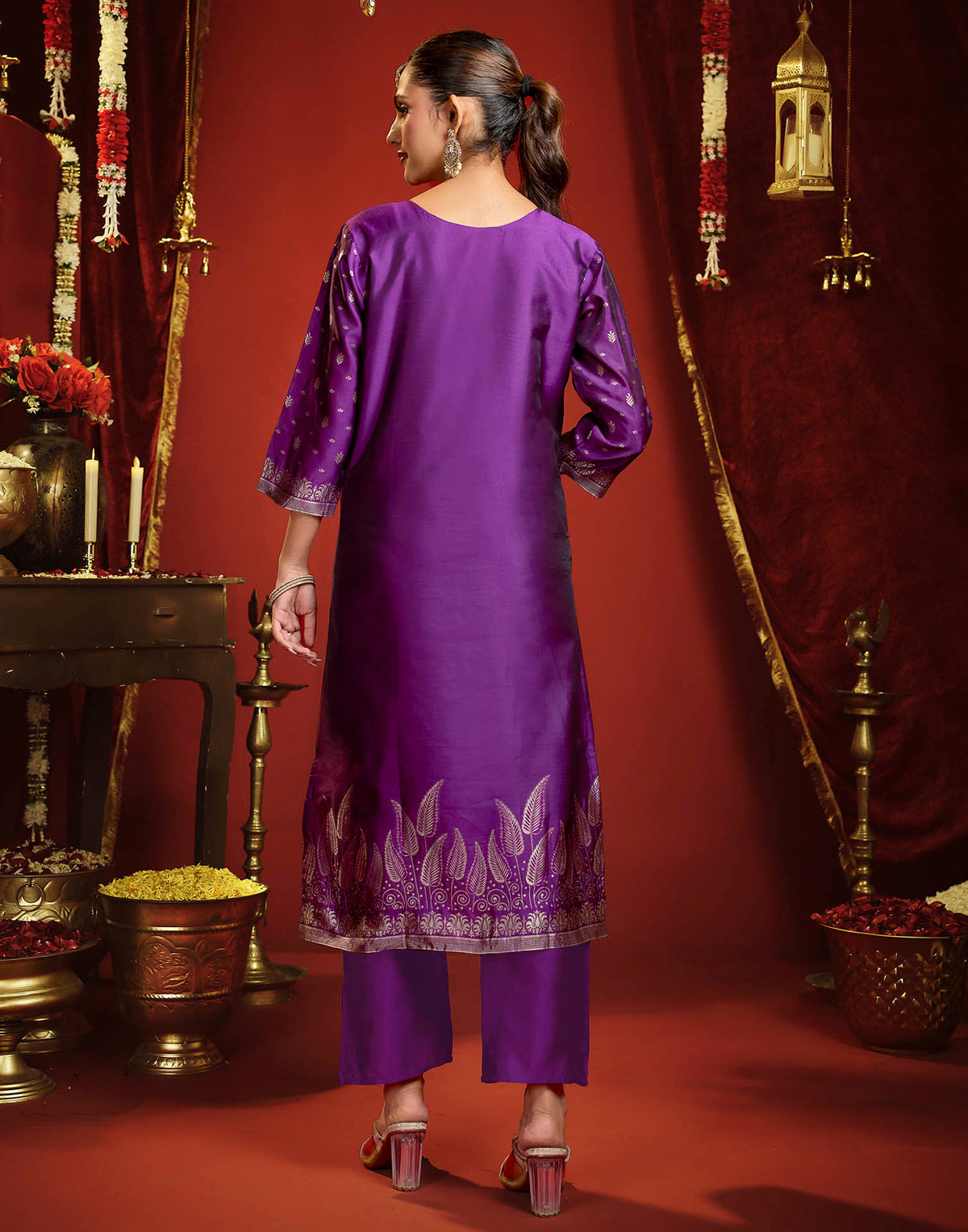 Dark Purple Silk Woven Straight Kurta Set With Dupatta