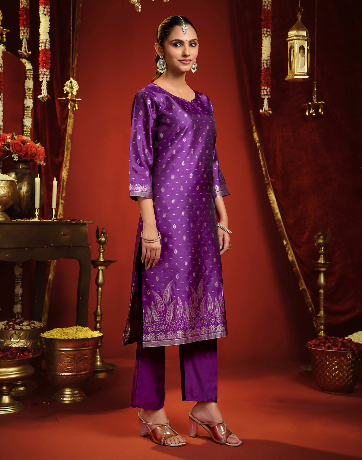 Dark Purple Silk Woven Straight Kurta Set With Dupatta