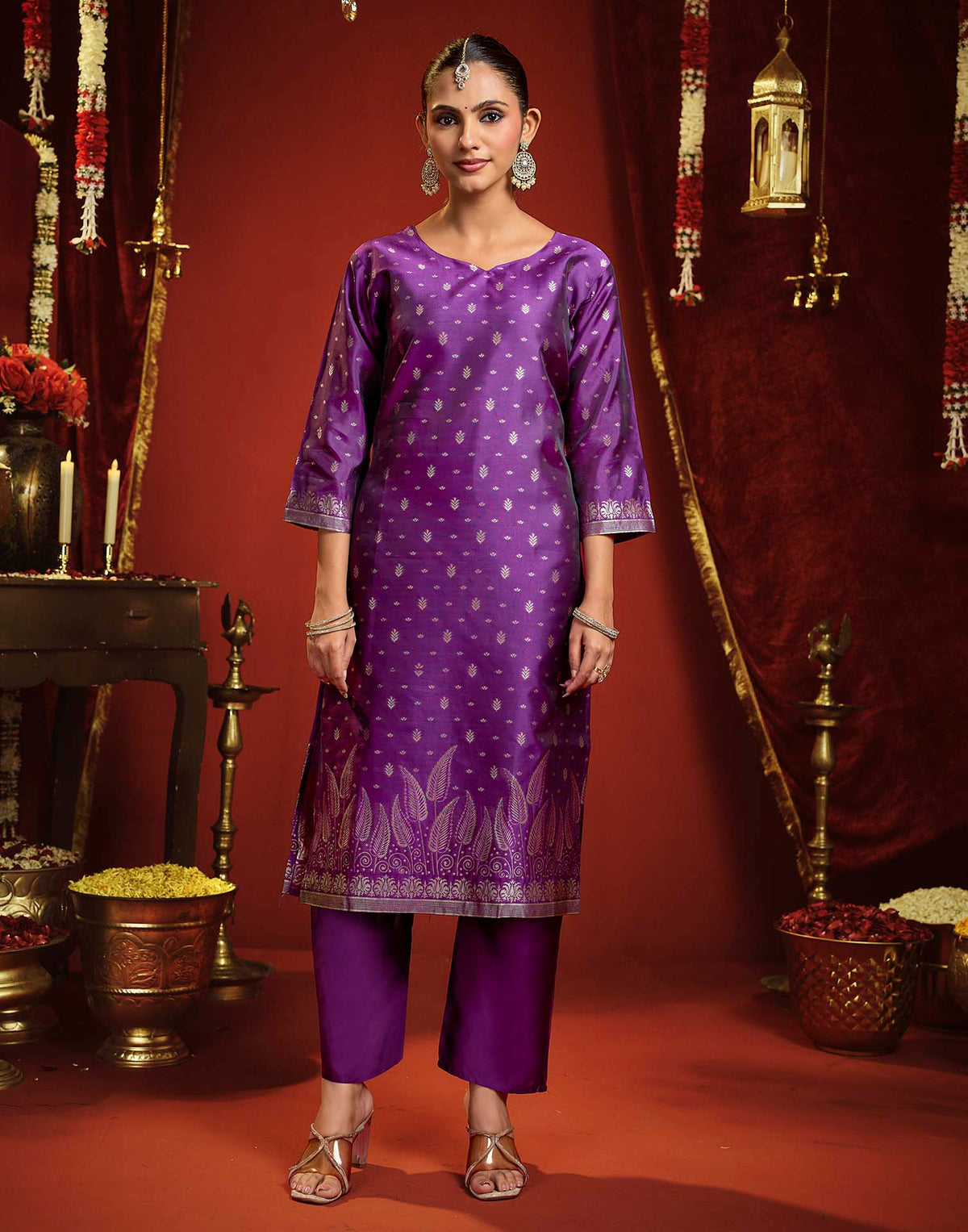 Dark Purple Silk Woven Straight Kurta Set With Dupatta