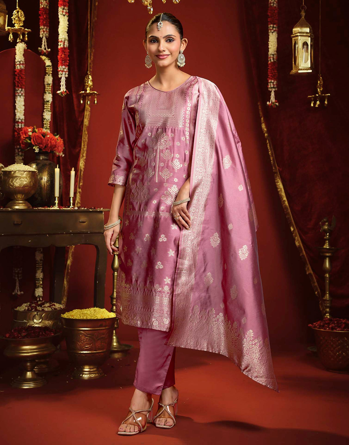 Dusty Rose Pink Silk Woven Straight Kurta Set With Dupatta