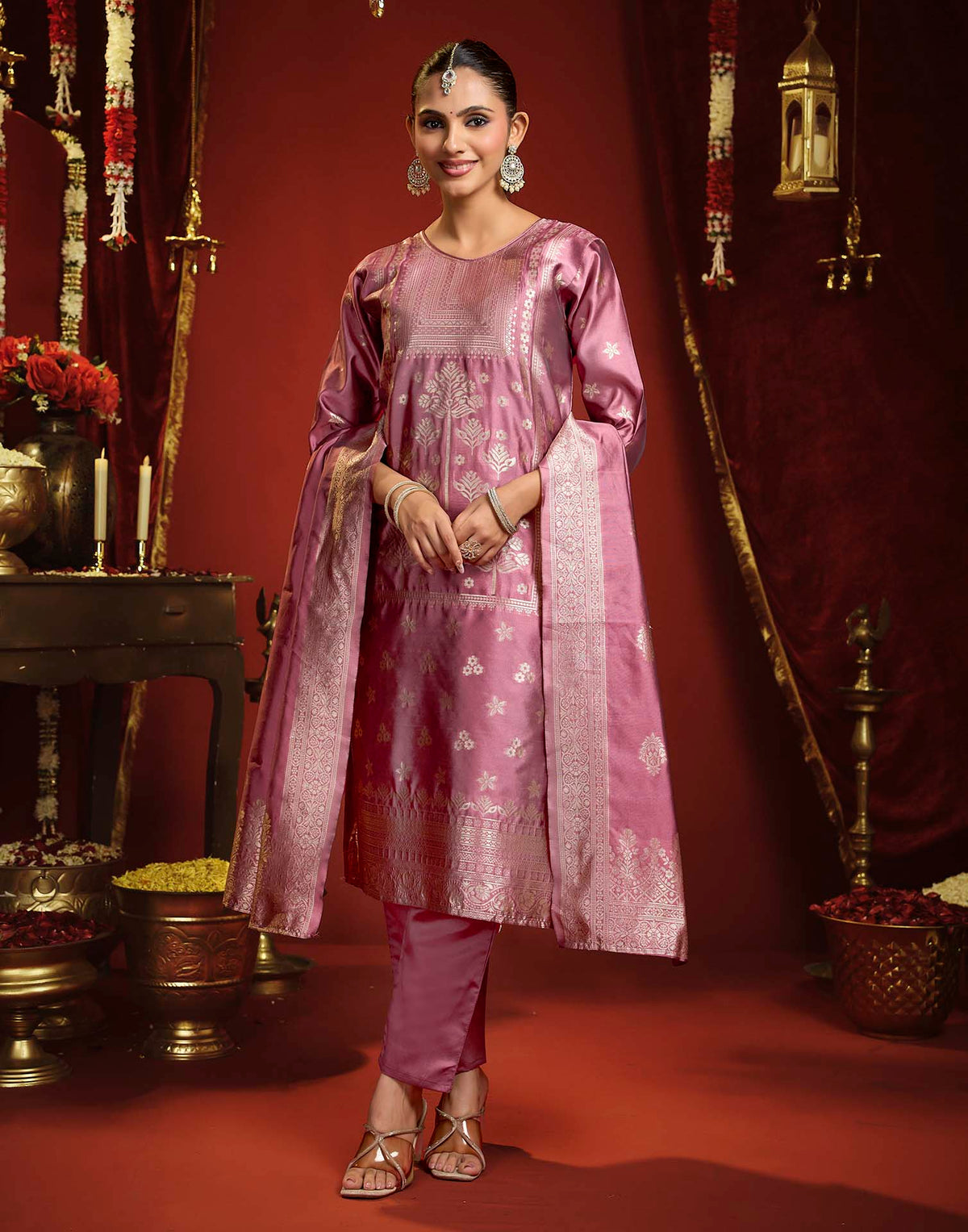 Dusty Rose Pink Silk Woven Straight Kurta Set With Dupatta