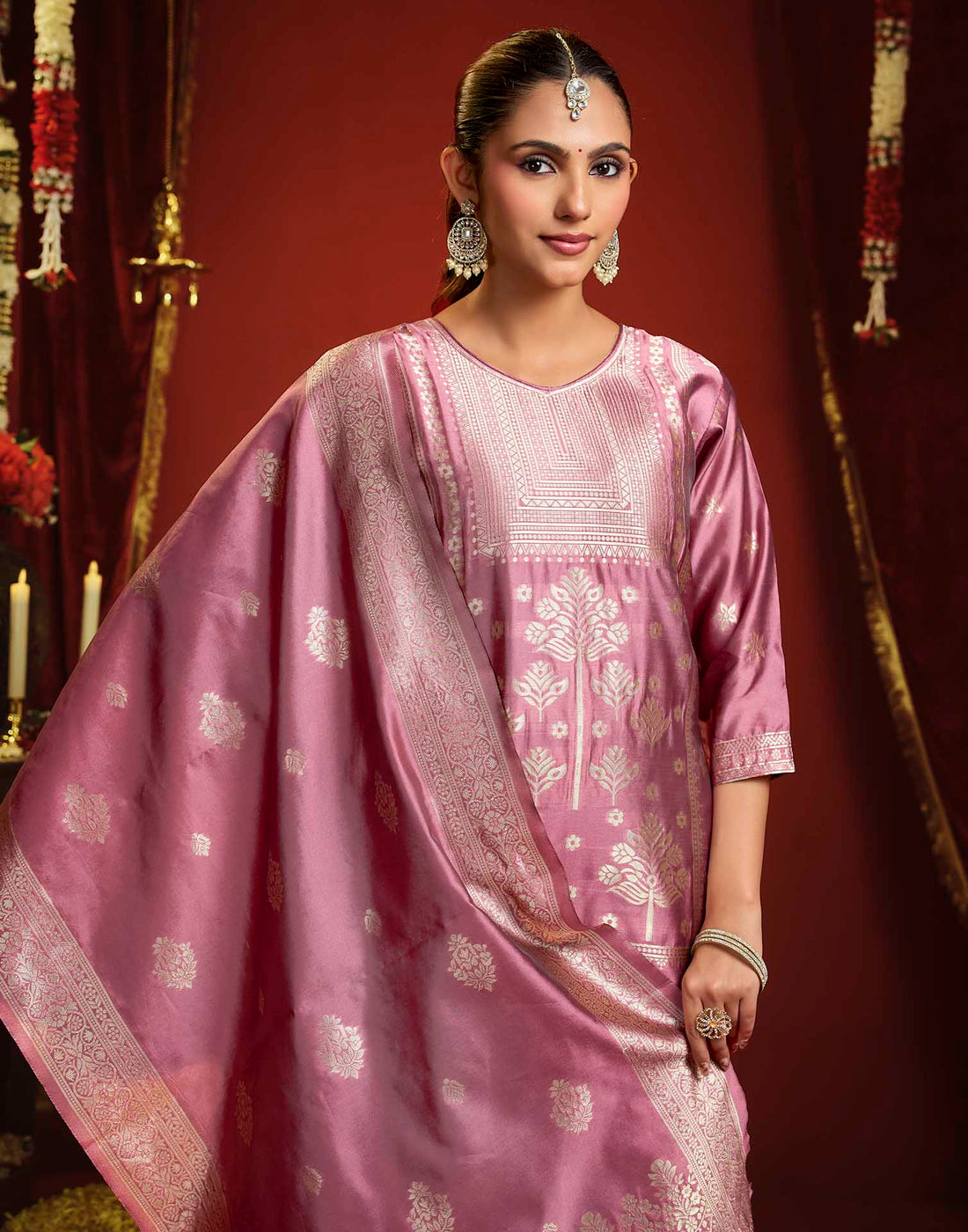 Dusty Rose Pink Silk Woven Straight Kurta Set With Dupatta