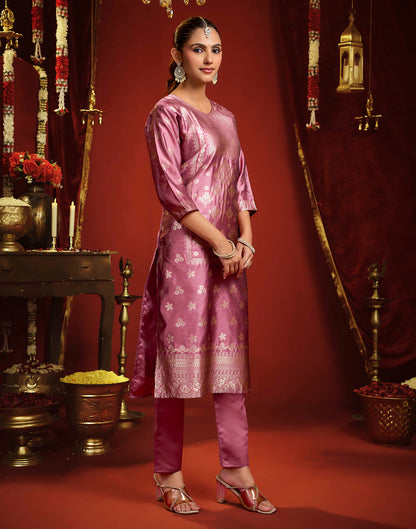 Dusty Rose Pink Silk Woven Straight Kurta Set With Dupatta