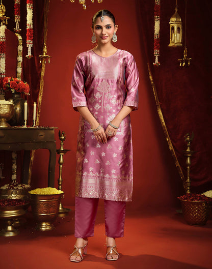 Dusty Rose Pink Silk Woven Straight Kurta Set With Dupatta