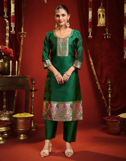 Dark Green Silk Woven Straight Kurta Set With Dupatta