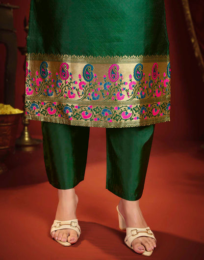 Dark Green Silk Woven Straight Kurta Set With Dupatta