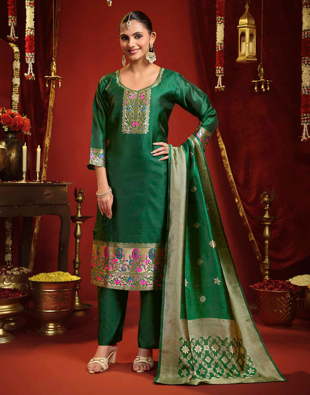 Dark Green Silk Woven Straight Kurta Set With Dupatta