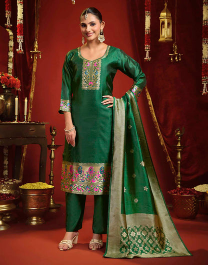 Dark Green Silk Woven Straight Kurta Set With Dupatta