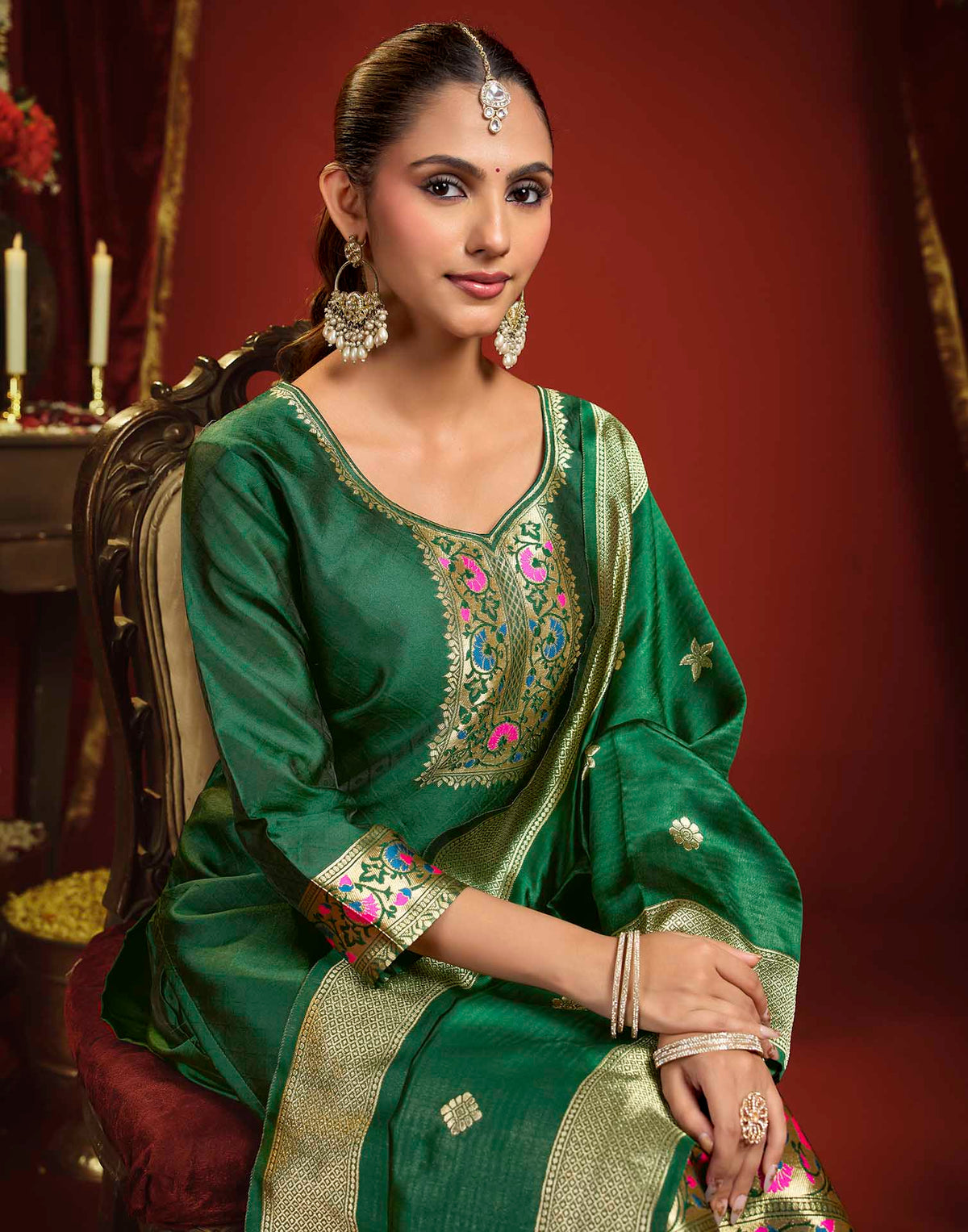 Dark Green Silk Woven Straight Kurta Set With Dupatta