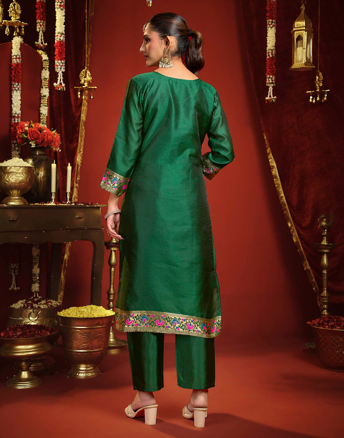 Dark Green Silk Woven Straight Kurta Set With Dupatta