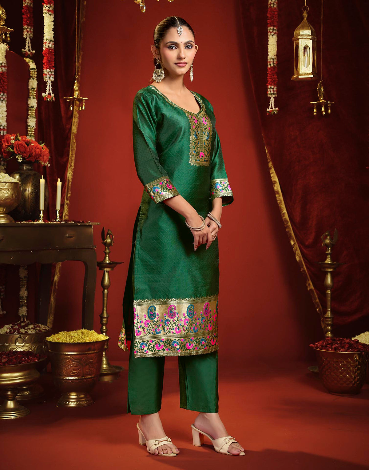 Dark Green Silk Woven Straight Kurta Set With Dupatta