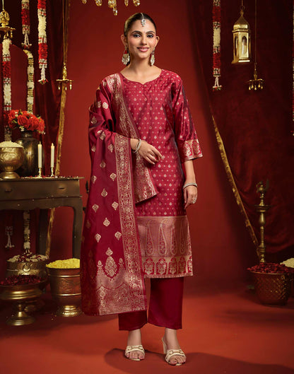Maroon Silk Woven Straight Kurta Set With Dupatta