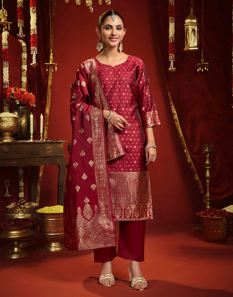 Maroon Silk Woven Straight Kurta Set With Dupatta
