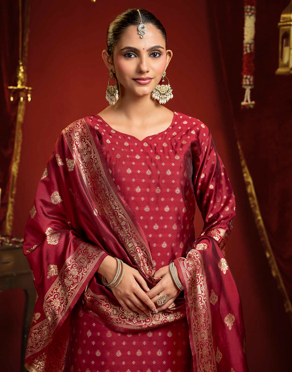 Maroon Silk Woven Straight Kurta Set With Dupatta