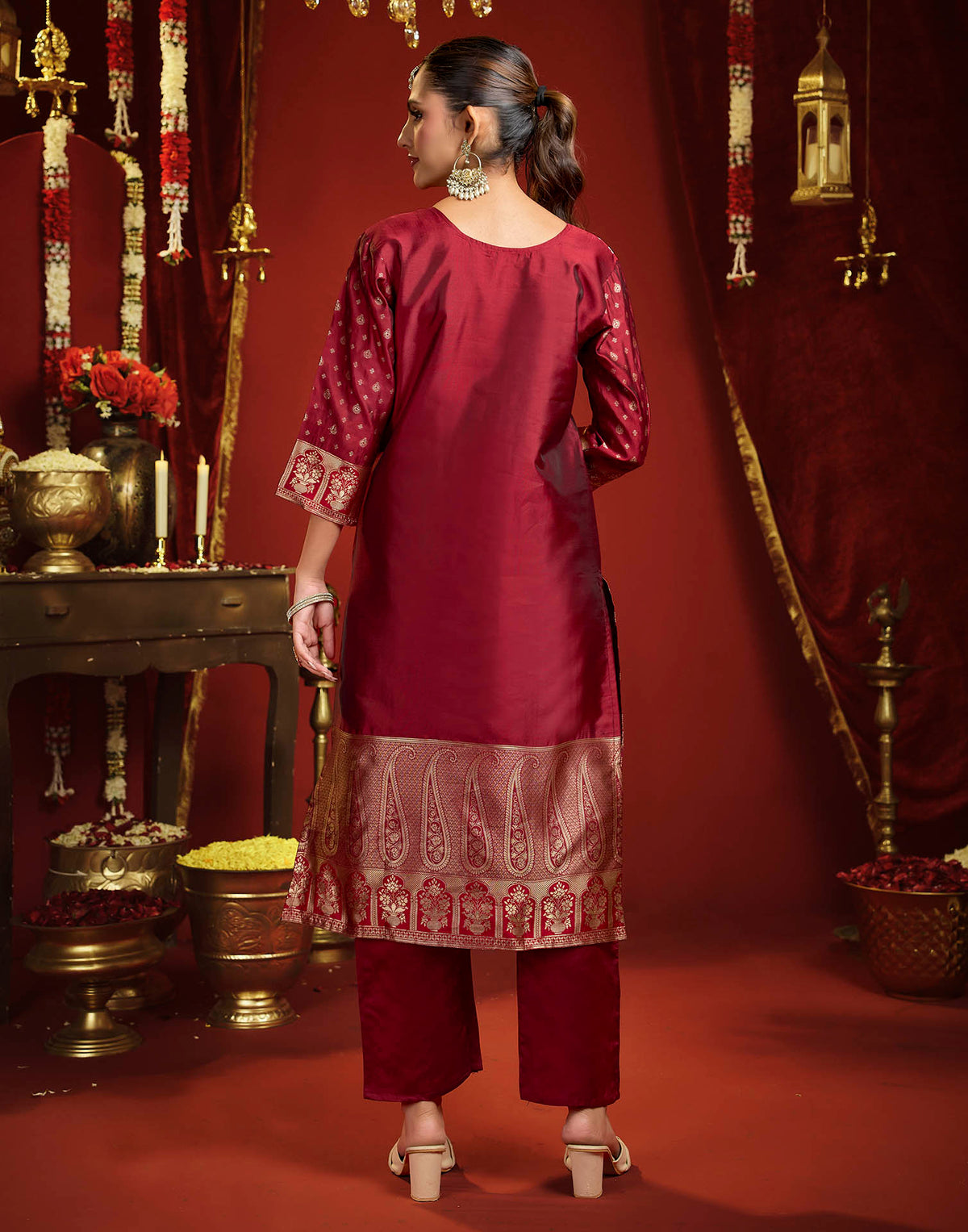 Maroon Silk Woven Straight Kurta Set With Dupatta