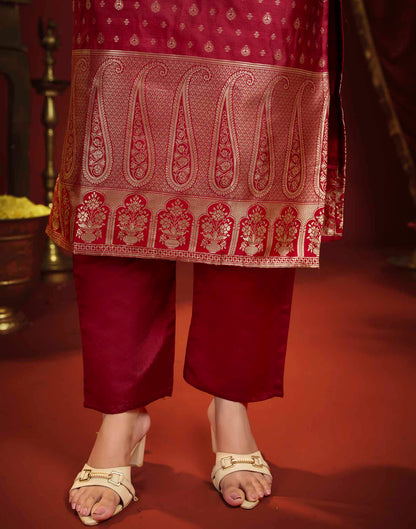 Maroon Silk Woven Straight Kurta Set With Dupatta