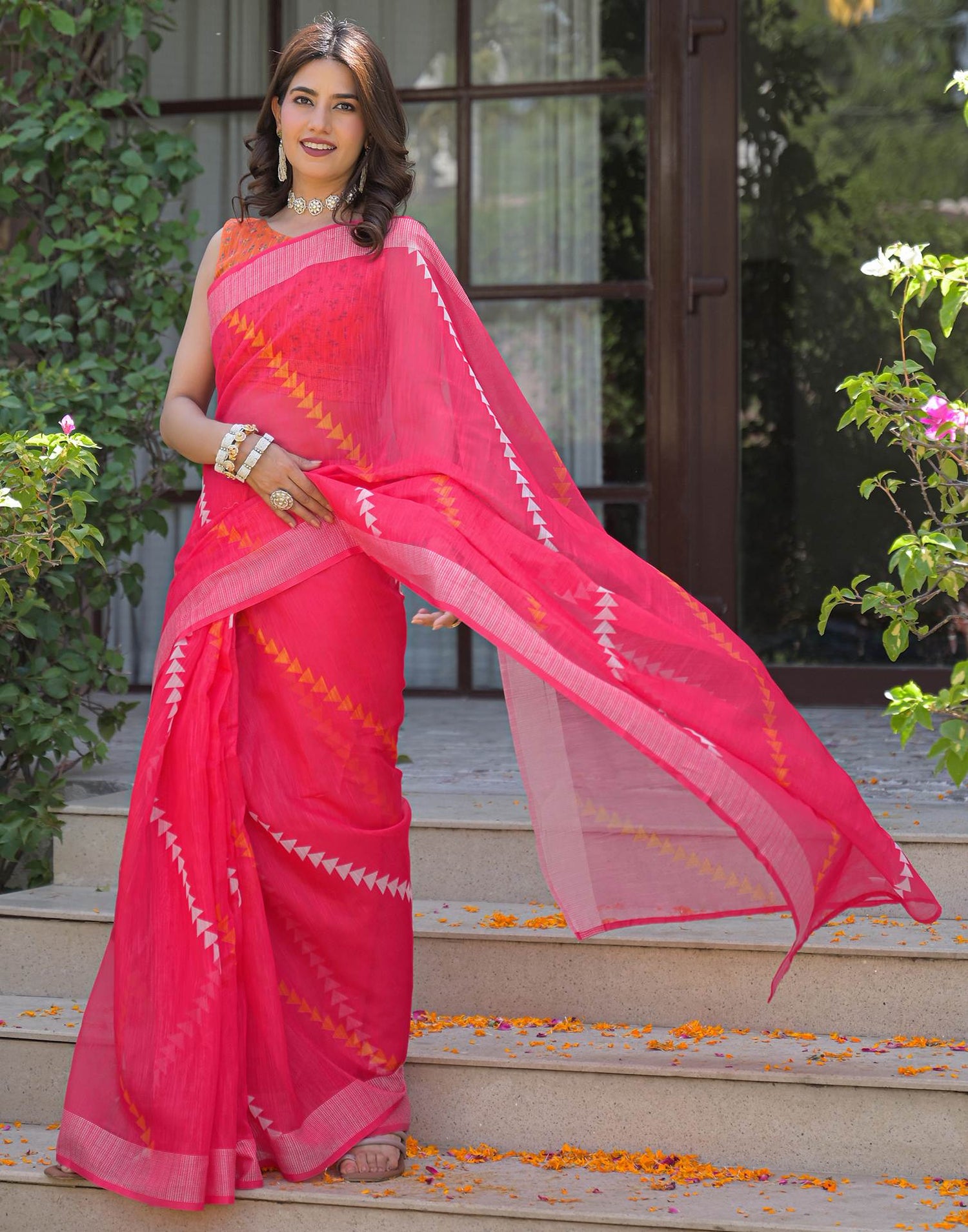 Ready To Wear Pink Linen Printed Embroidery Border Saree