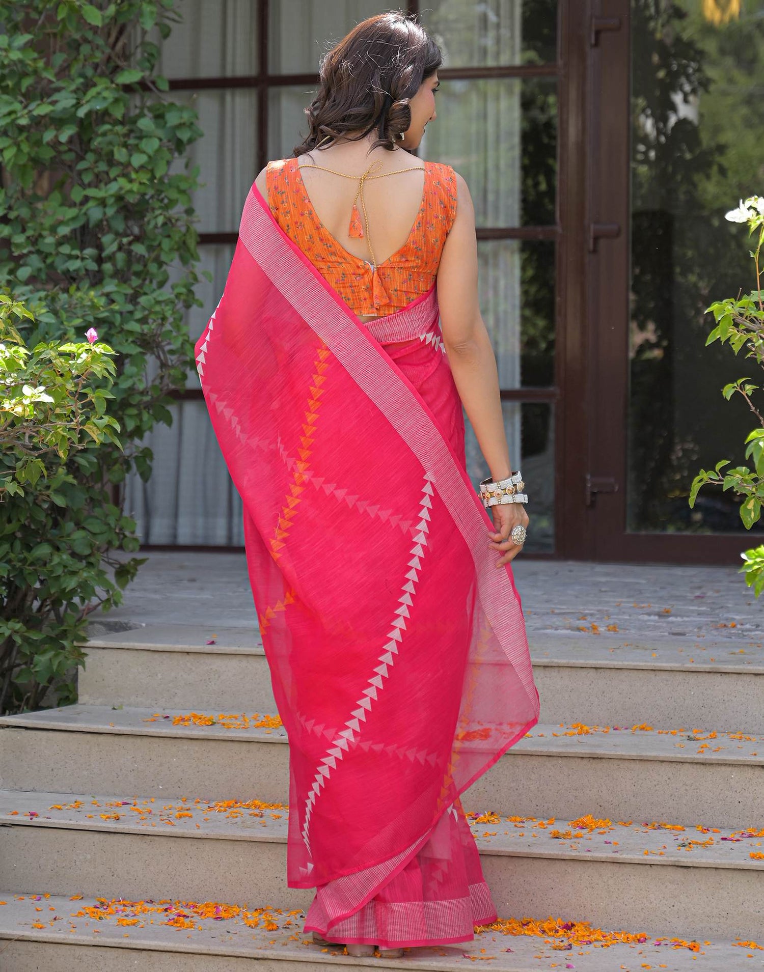 Ready To Wear Pink Linen Printed Embroidery Border Saree