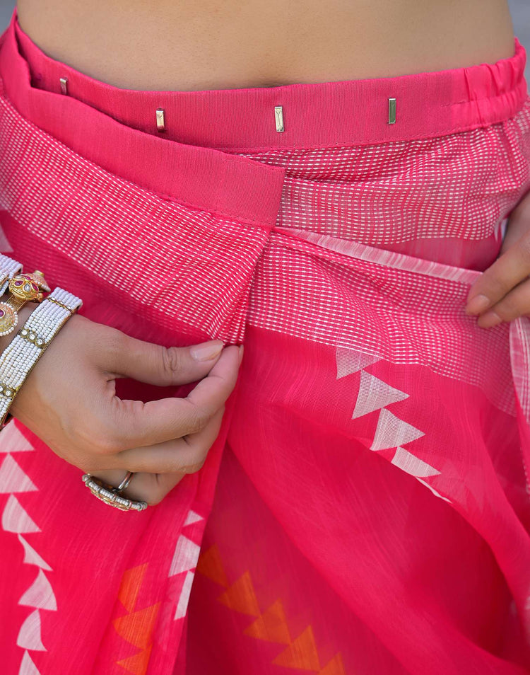 Ready To Wear Pink Linen Printed Embroidery Border Saree