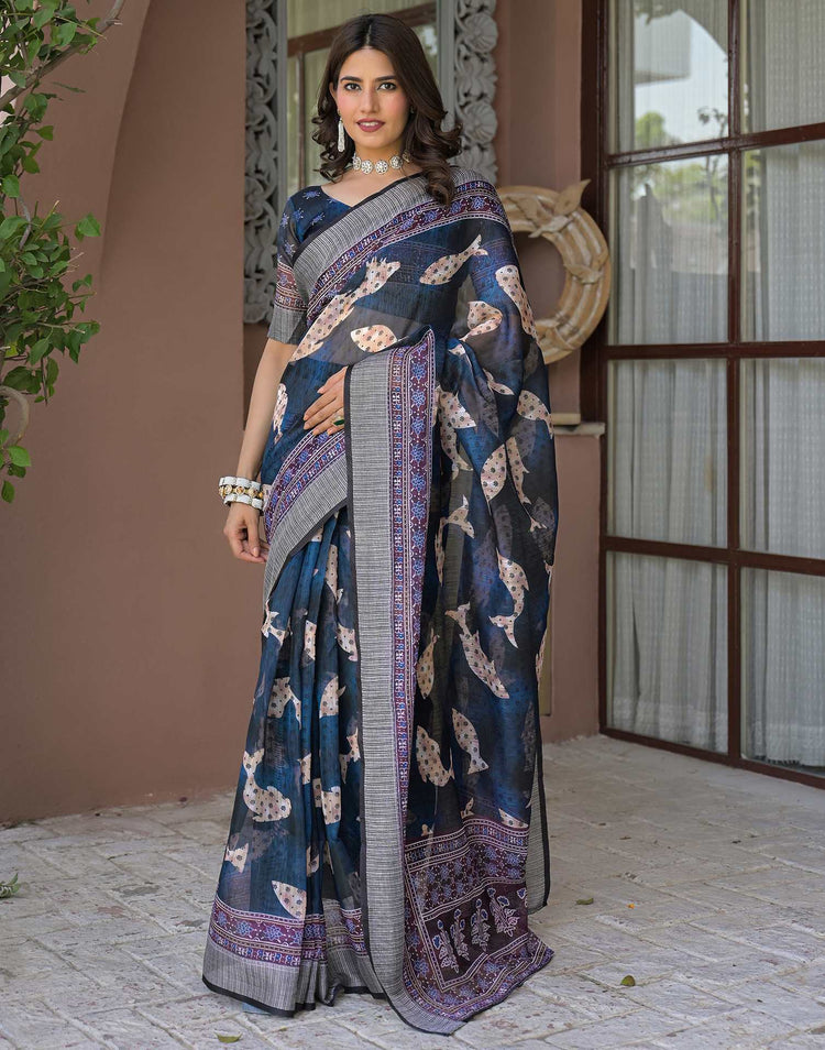 Ready To Wear Navy Blue Linen Printed Embroidery Border Saree