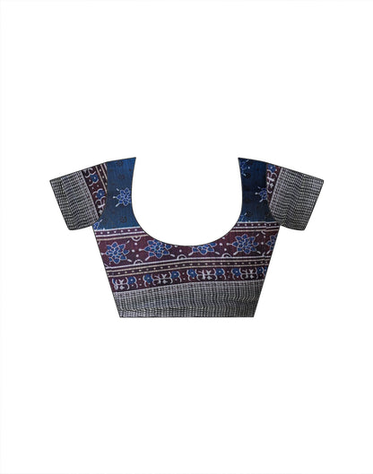 Ready To Wear Navy Blue Linen Printed Embroidery Border Saree