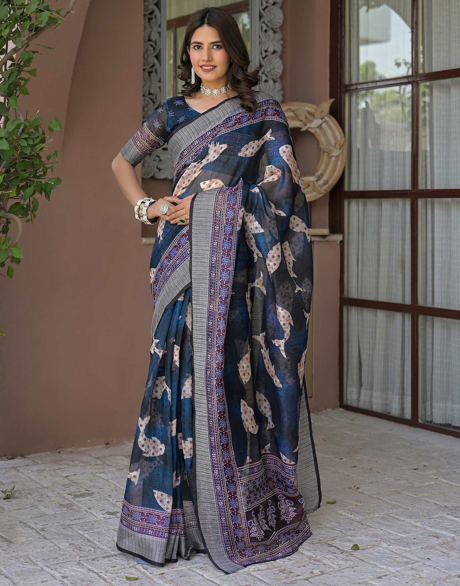 Ready To Wear Navy Blue Linen Printed Embroidery Border Saree