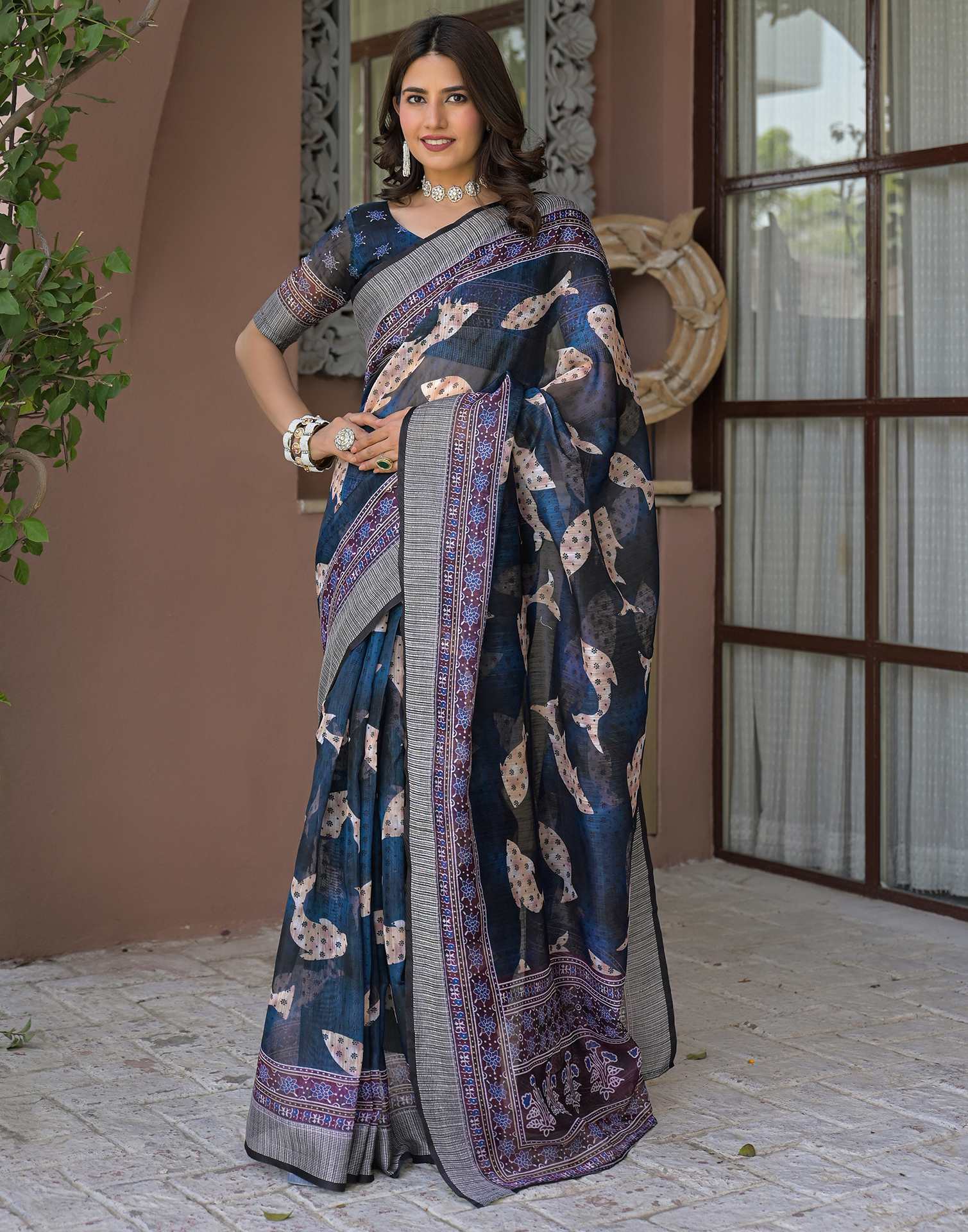 Ready To Wear Navy Blue Linen Printed Embroidery Border Saree