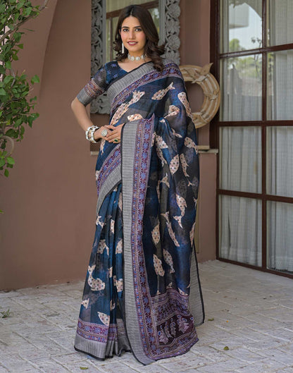 Ready To Wear Navy Blue Linen Printed Embroidery Border Saree