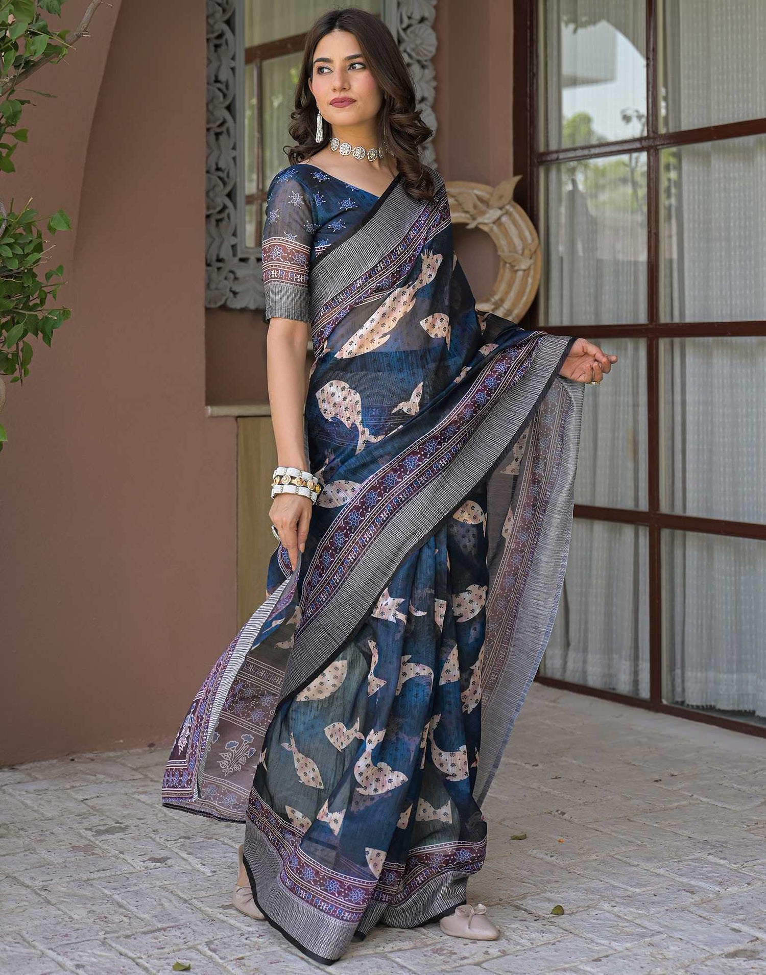 Ready To Wear Navy Blue Linen Printed Embroidery Border Saree