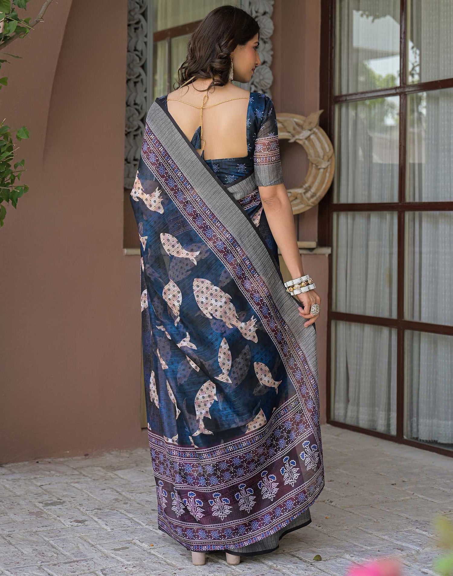 Ready To Wear Navy Blue Linen Printed Embroidery Border Saree