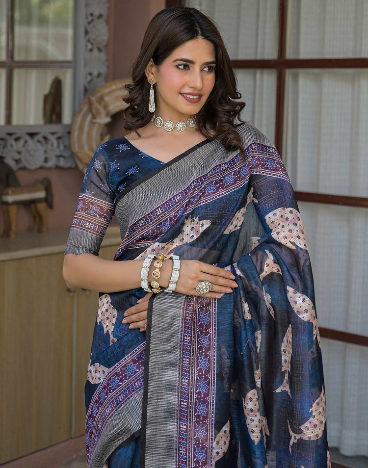 Ready To Wear Navy Blue Linen Printed Embroidery Border Saree
