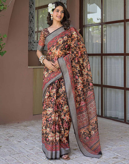 Ready To Wear Black Linen Floral Printed Saree