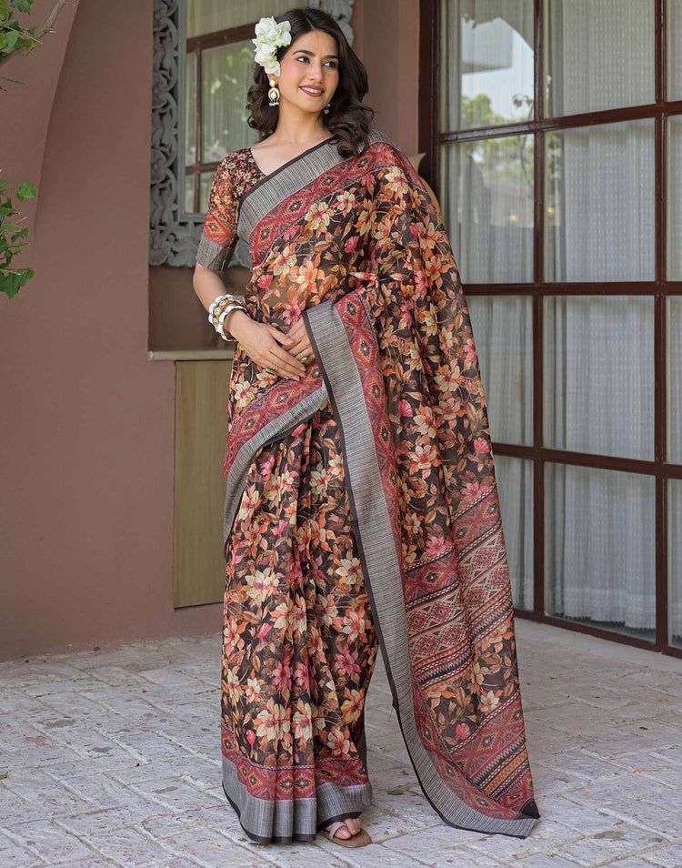 Ready To Wear Black Linen Floral Printed Saree