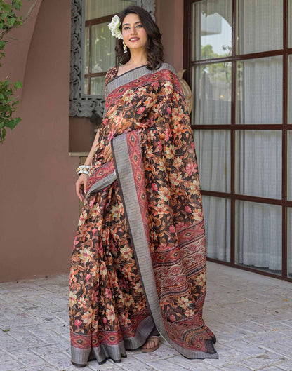 Ready To Wear Black Linen Floral Printed Saree