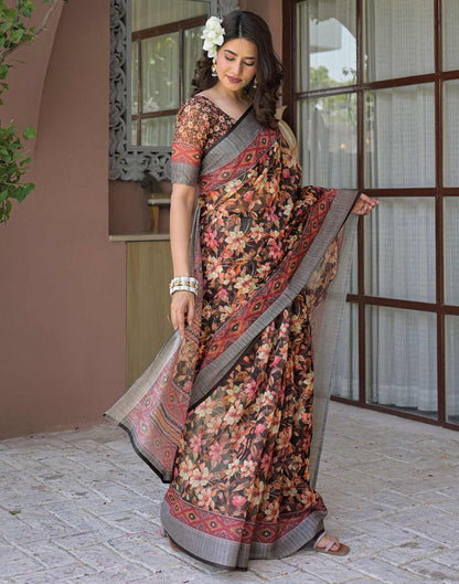 Ready To Wear Black Linen Floral Printed Saree