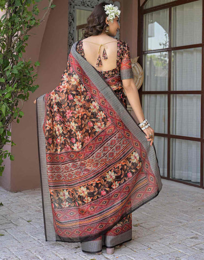 Ready To Wear Black Linen Floral Printed Saree