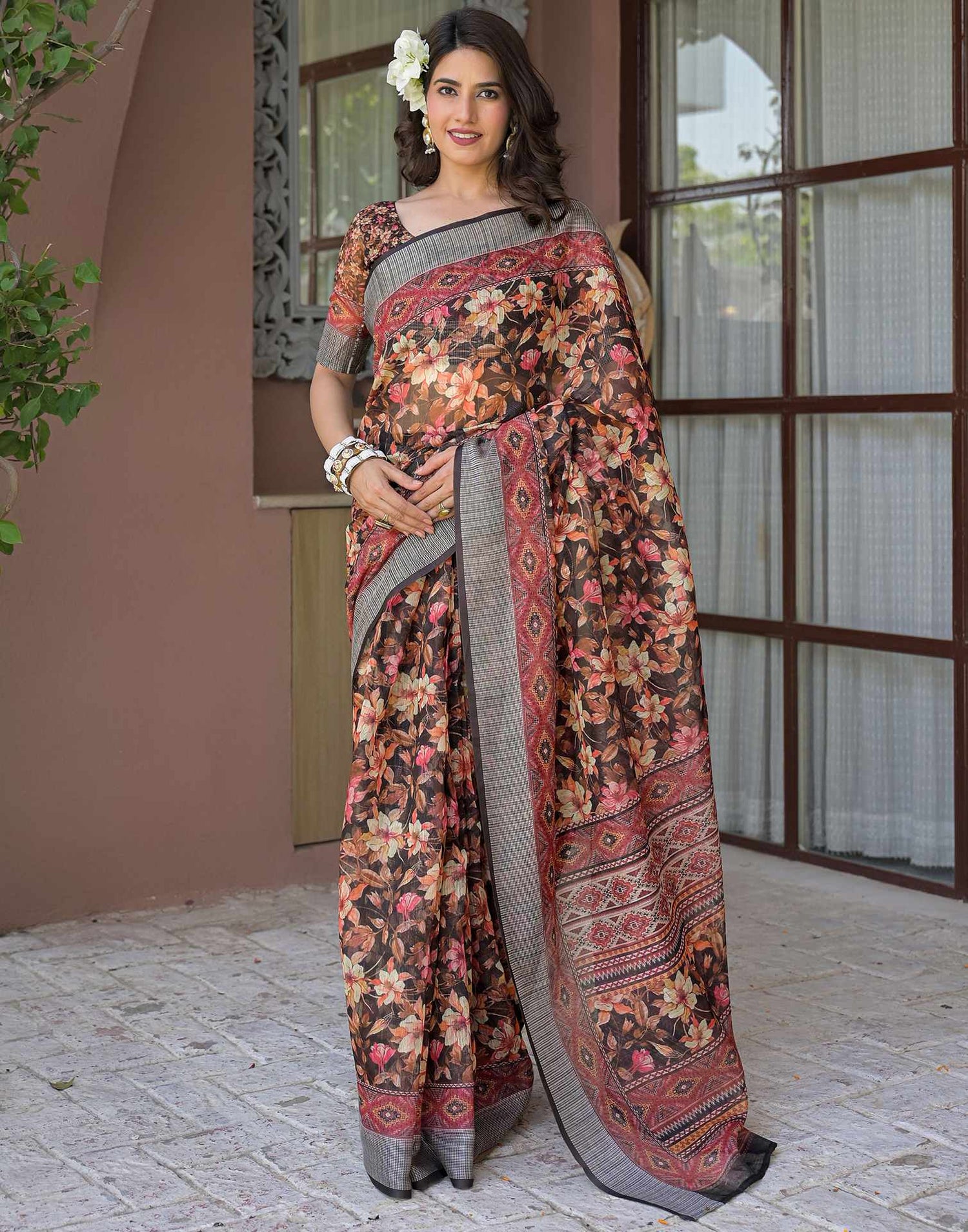 Ready To Wear Black Linen Floral Printed Saree