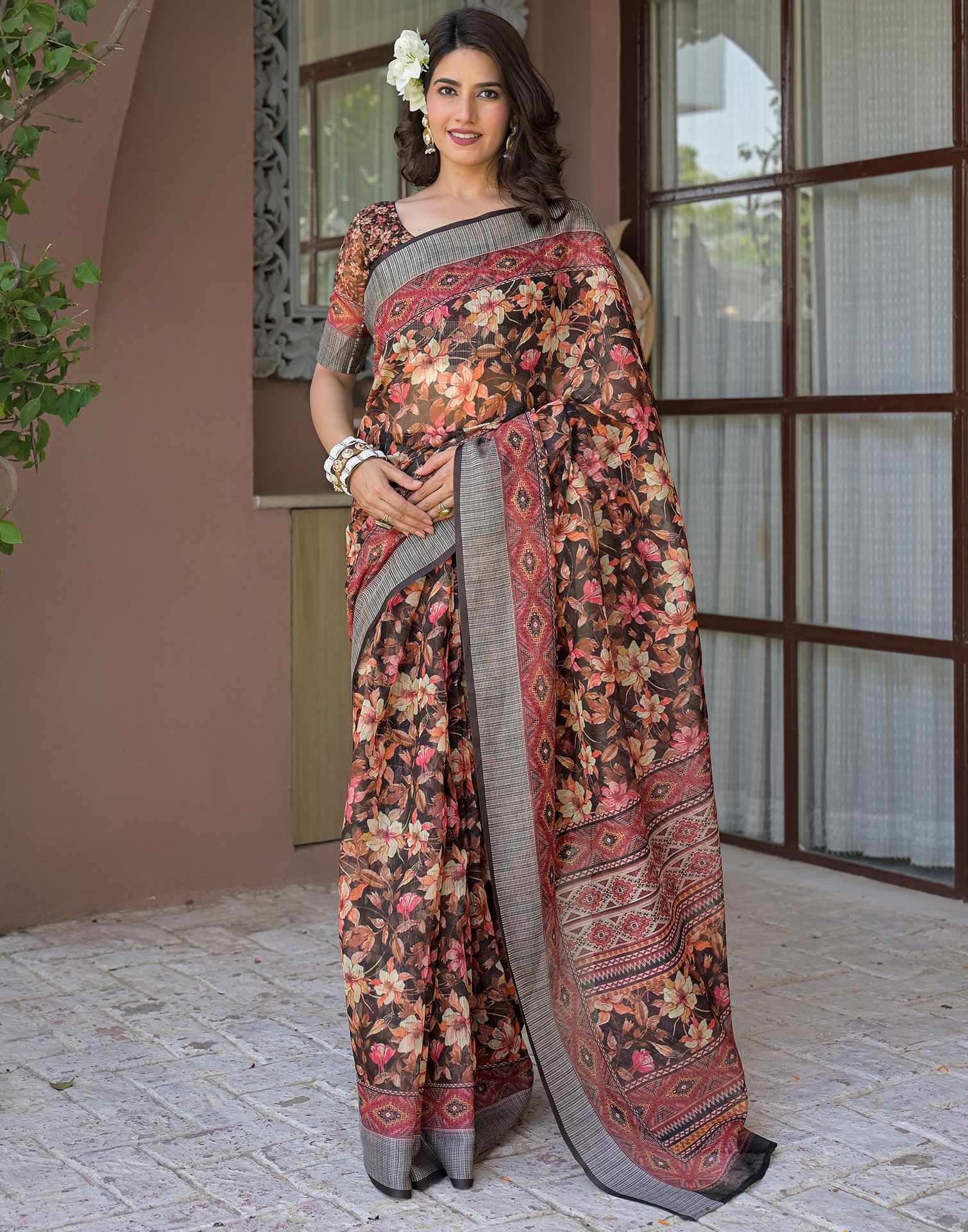 Ready To Wear Black Linen Floral Printed Saree