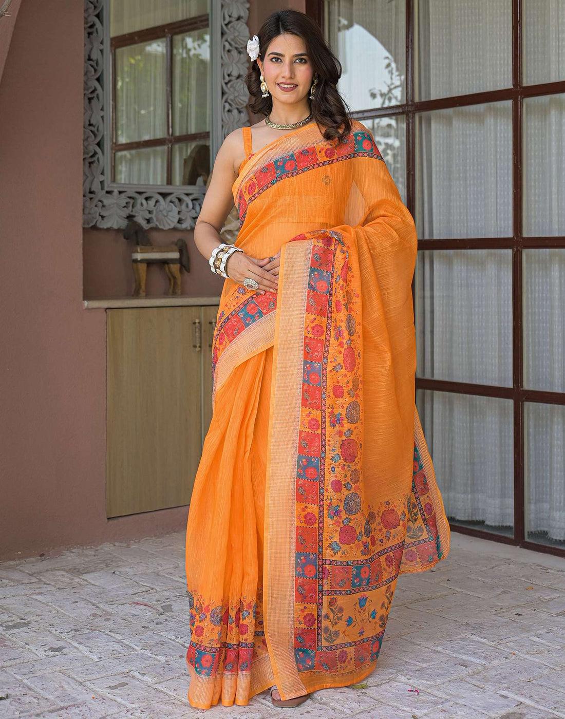 Ready To Wear Orange Linen Printed Embroidery Border Saree