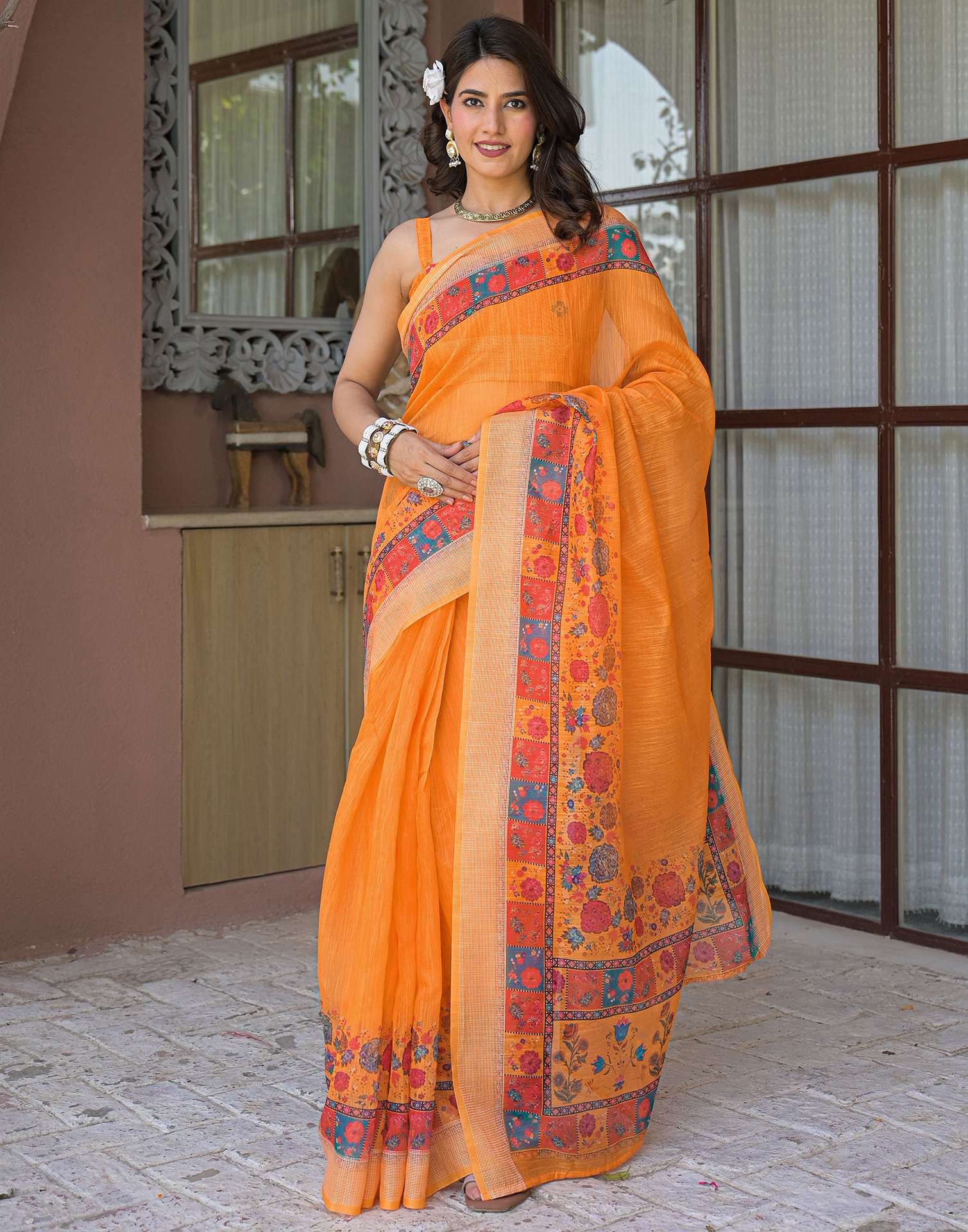 Ready To Wear Orange Linen Printed Embroidery Border Saree