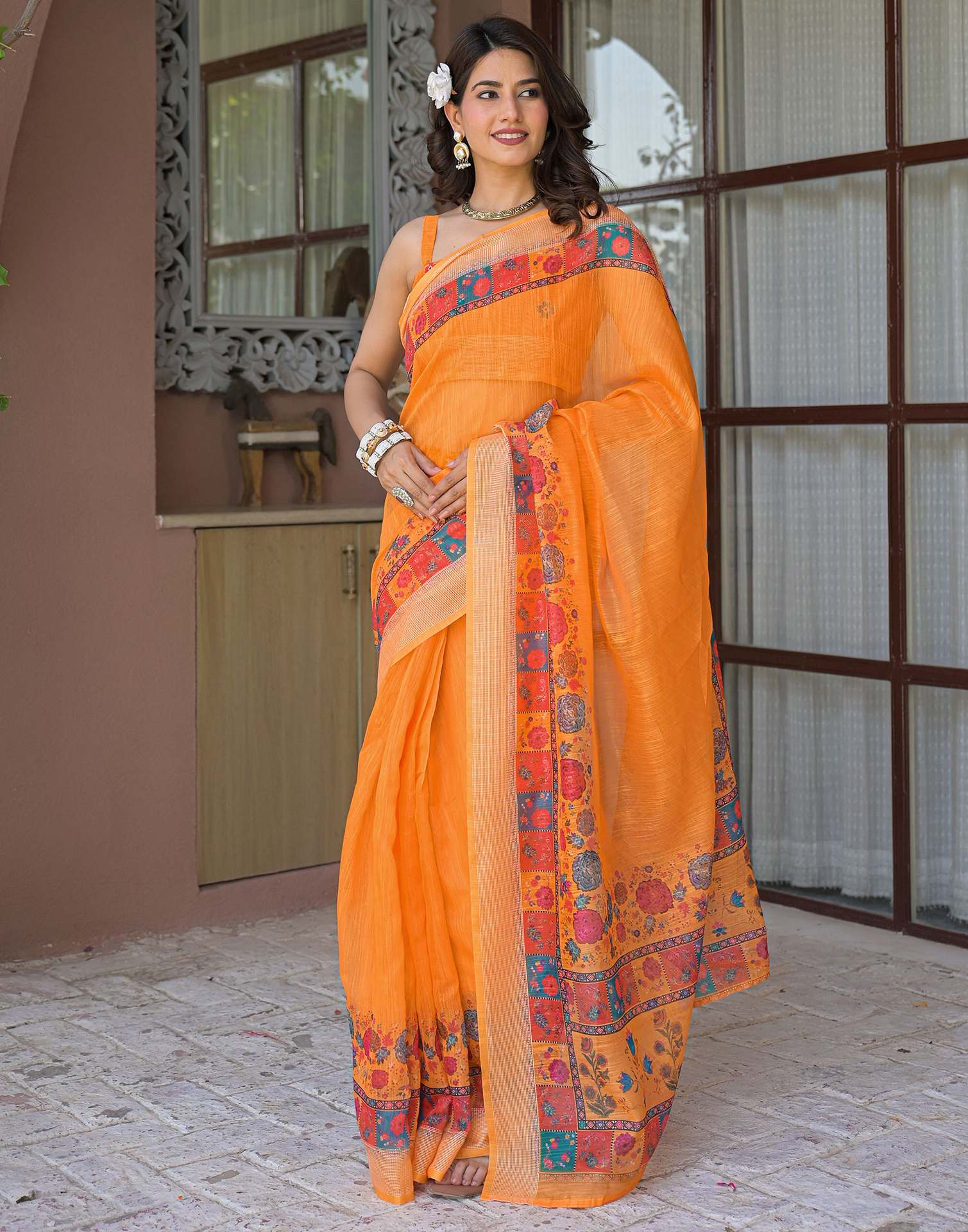 Ready To Wear Orange Linen Printed Embroidery Border Saree