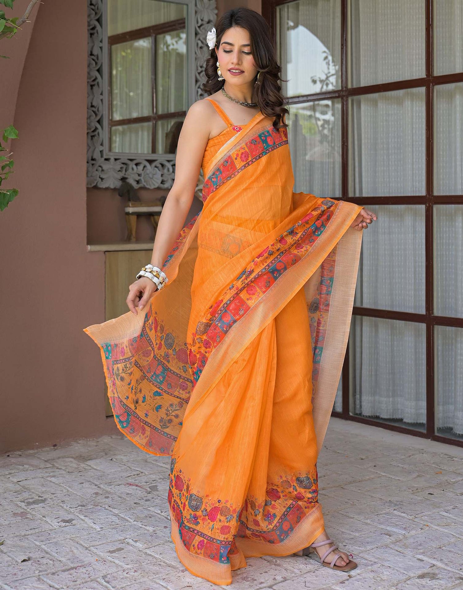 Ready To Wear Orange Linen Printed Embroidery Border Saree