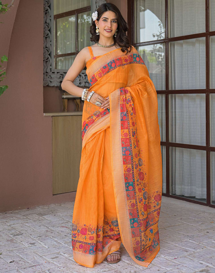 Ready To Wear Orange Linen Printed Embroidery Border Saree