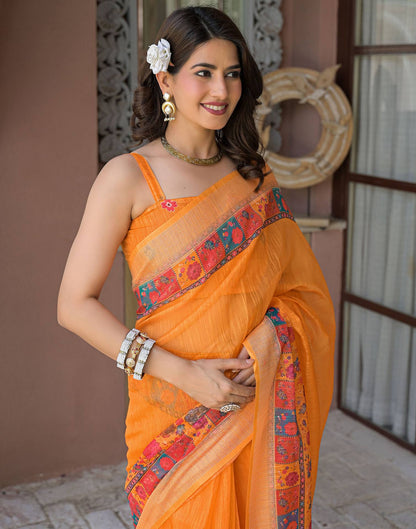 Ready To Wear Orange Linen Printed Embroidery Border Saree