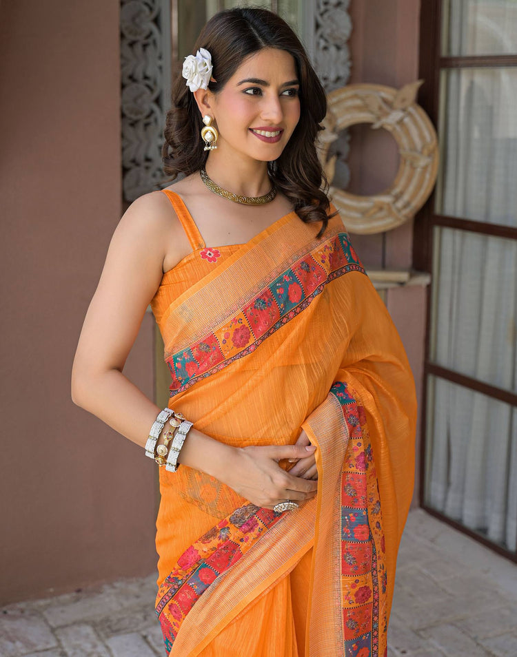 Ready To Wear Orange Linen Printed Embroidery Border Saree