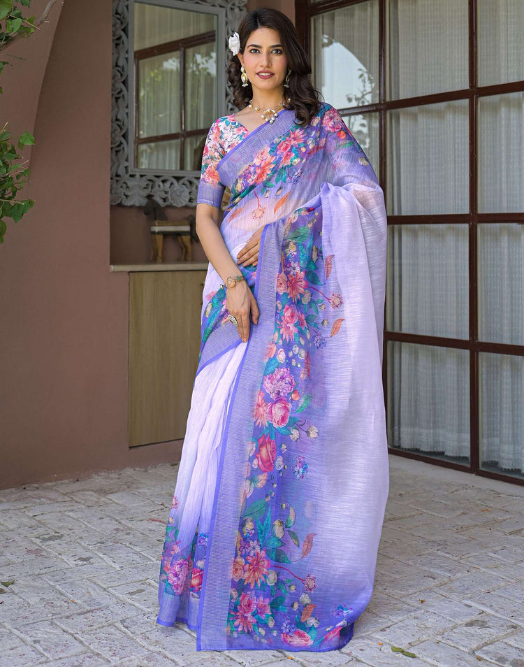 Ready To Wear Lavender Linen Floral Printed Saree