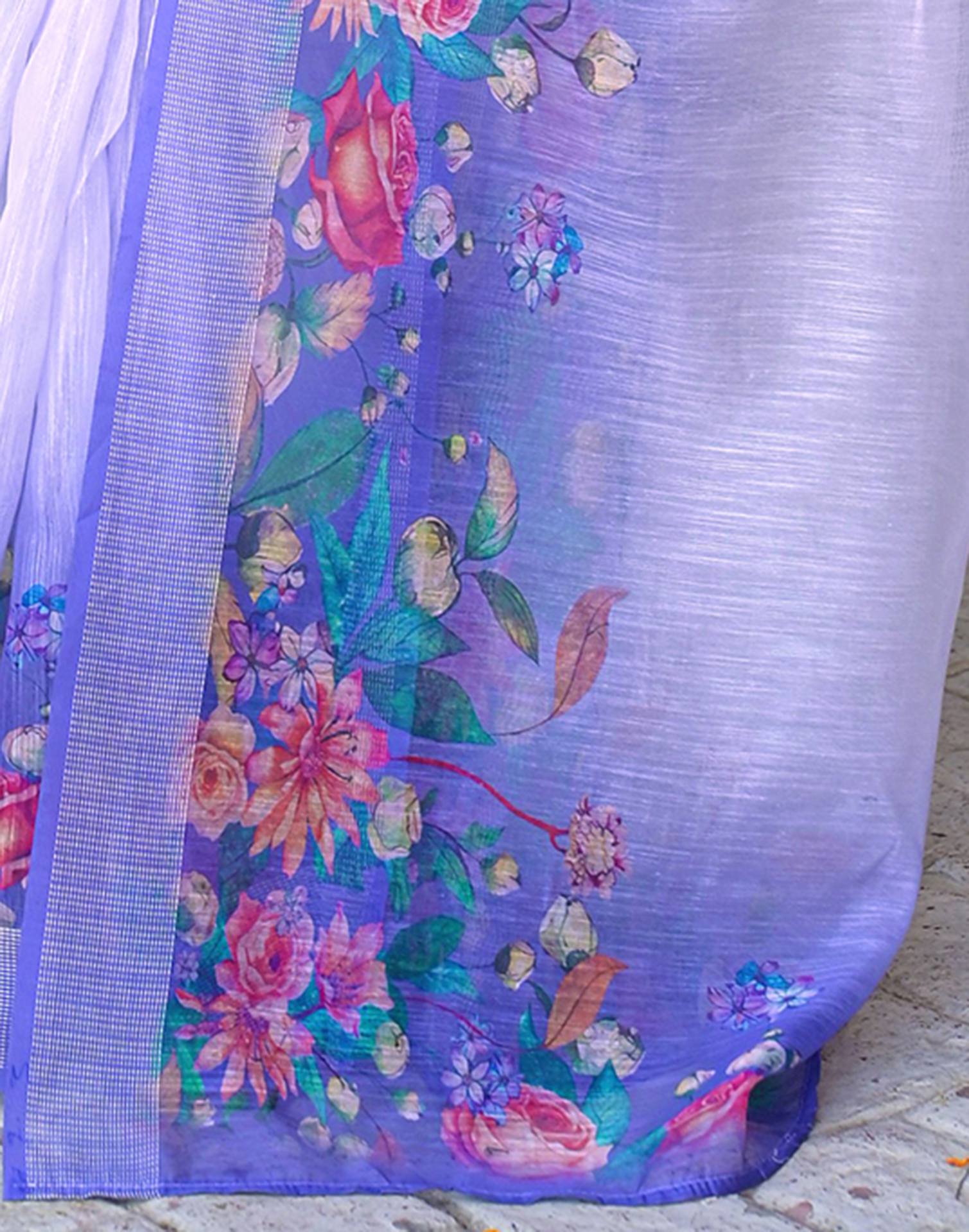 Ready To Wear Lavender Linen Floral Printed Saree