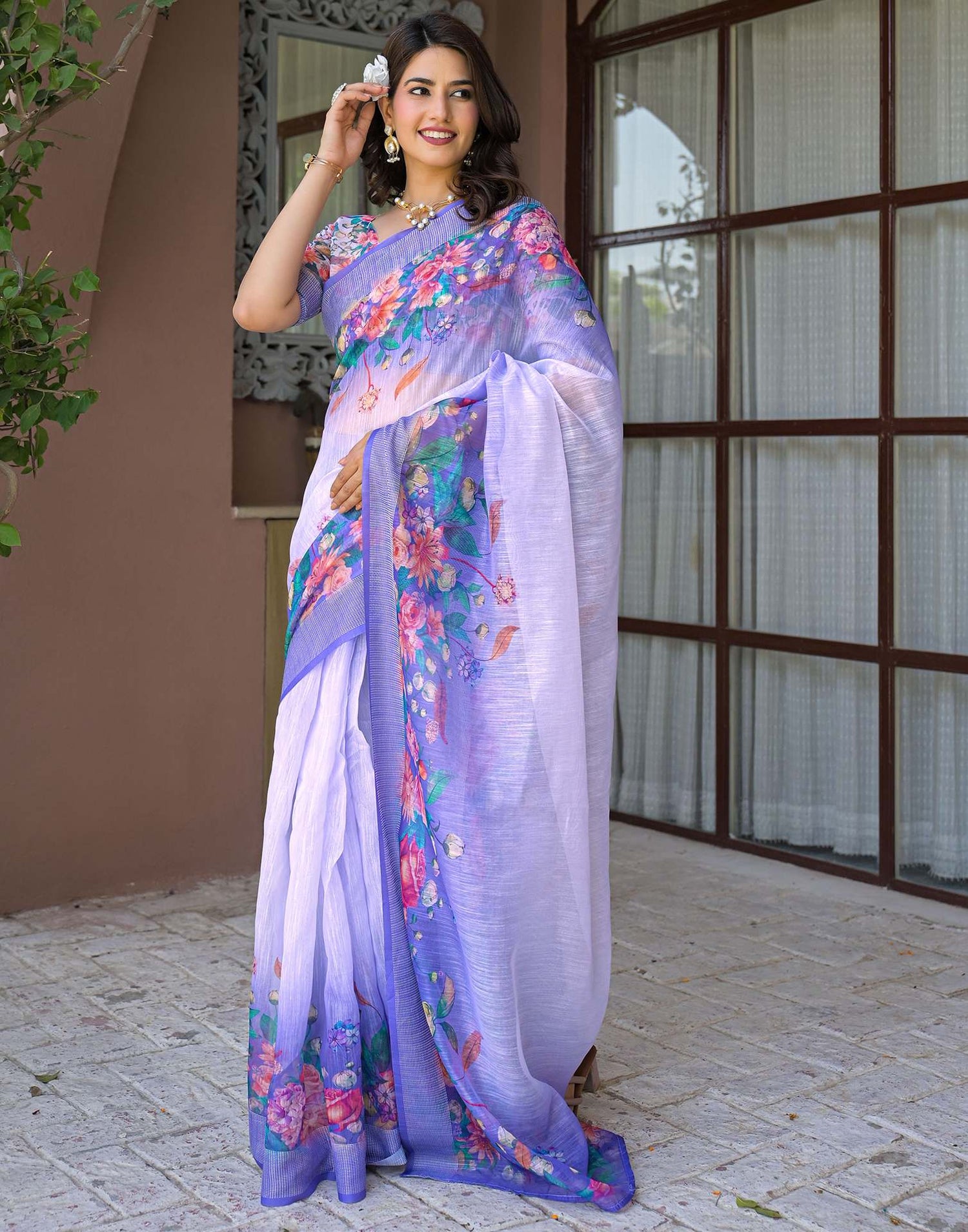 Ready To Wear Lavender Linen Floral Printed Saree