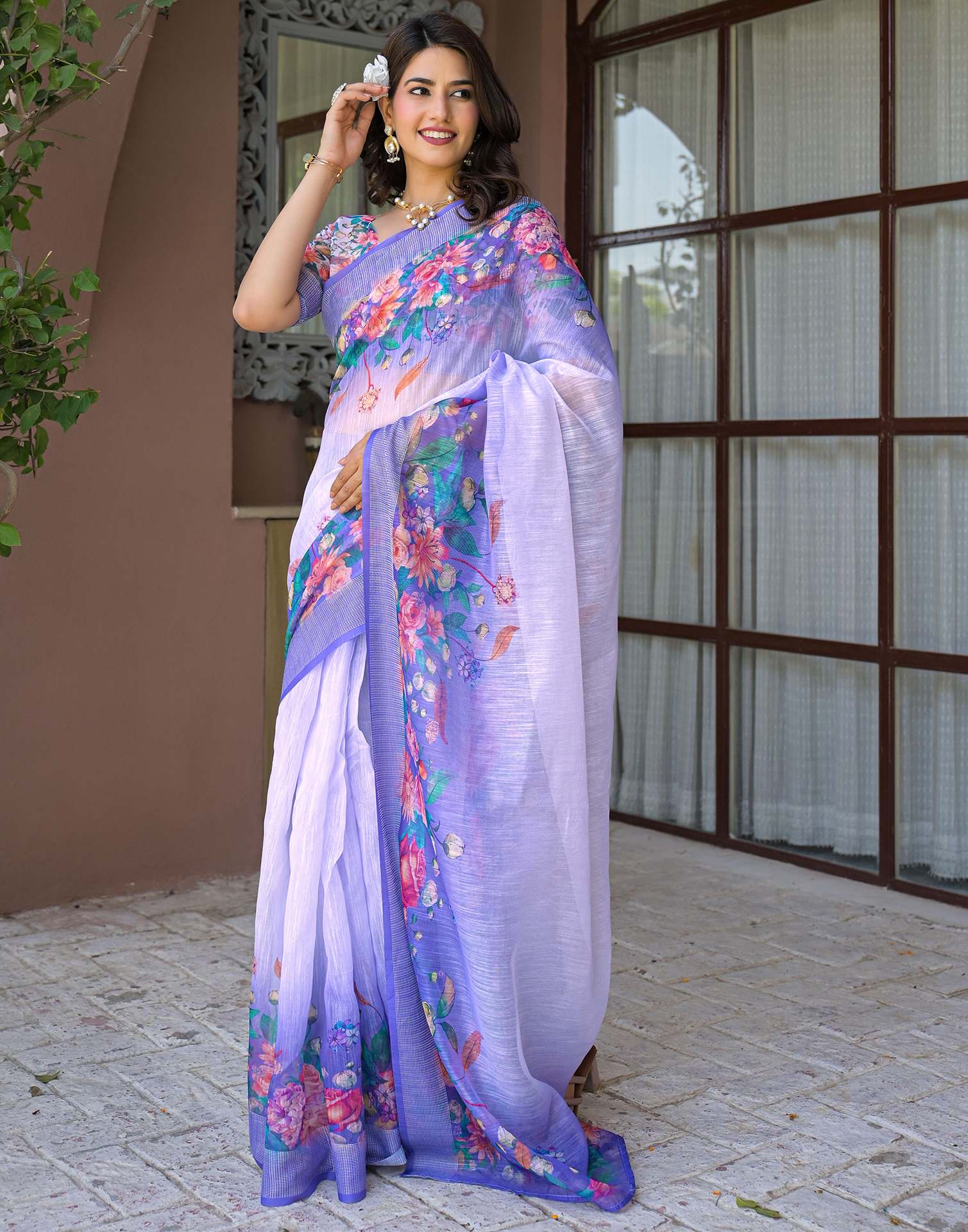 Ready To Wear Lavender Linen Floral Printed Saree