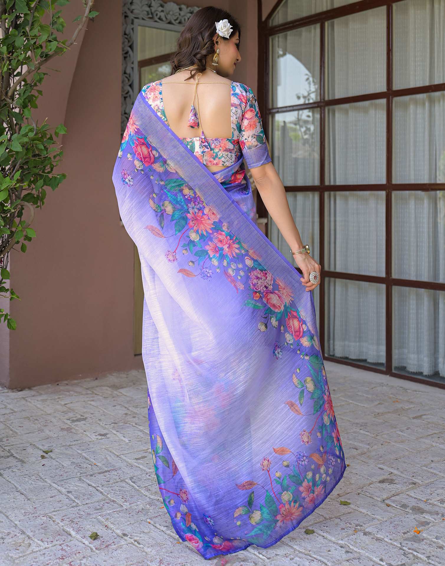 Ready To Wear Lavender Linen Floral Printed Saree